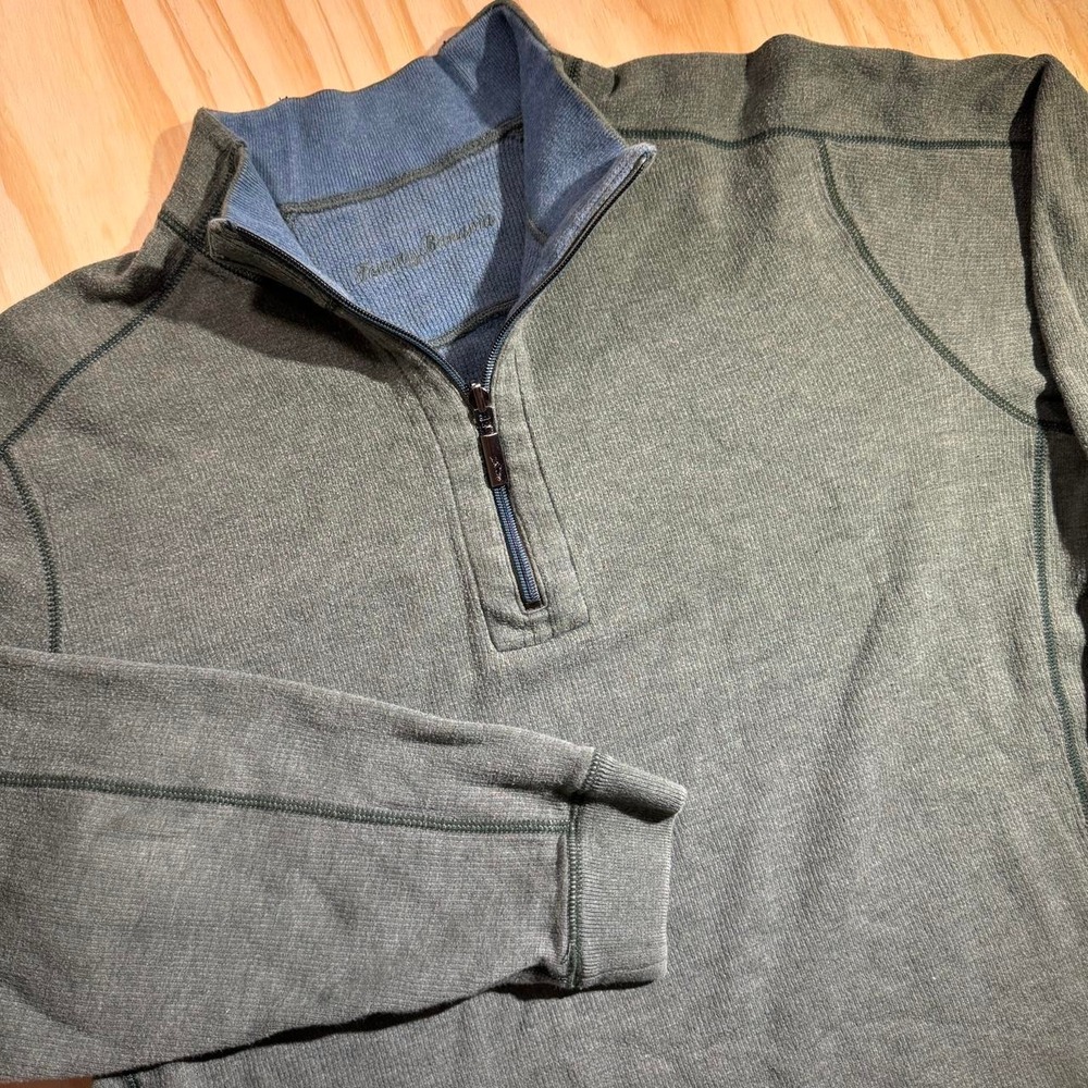 Tommy Bahama Mens Large Green Quarter Zip Pullover Marlin Logo Knit Sweater